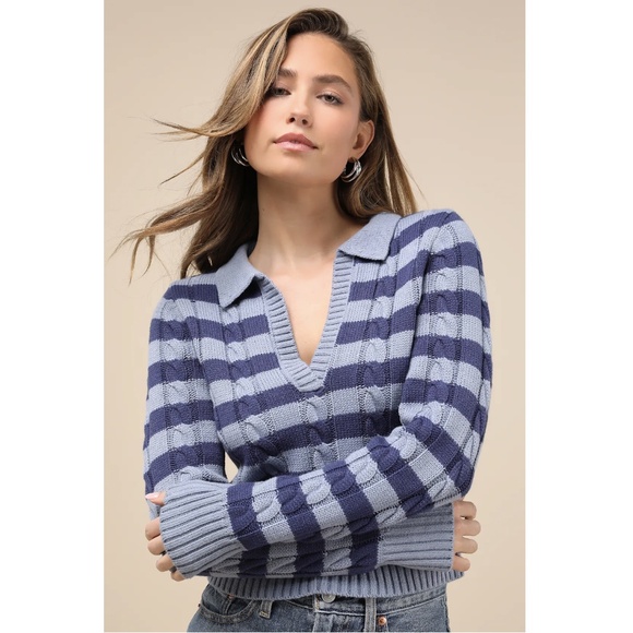 Lulus Cute Excellence Blue Striped Cable Knit Sweater Size M - Picture 1 of 12
